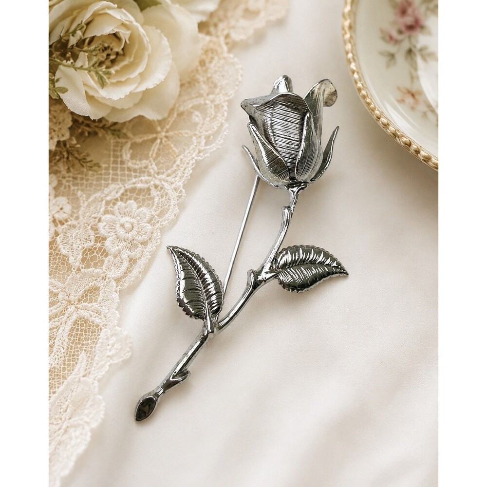 Vintage Silver Tone Rose Flower Brooch Long Stem Floral Pin Romantic Garden